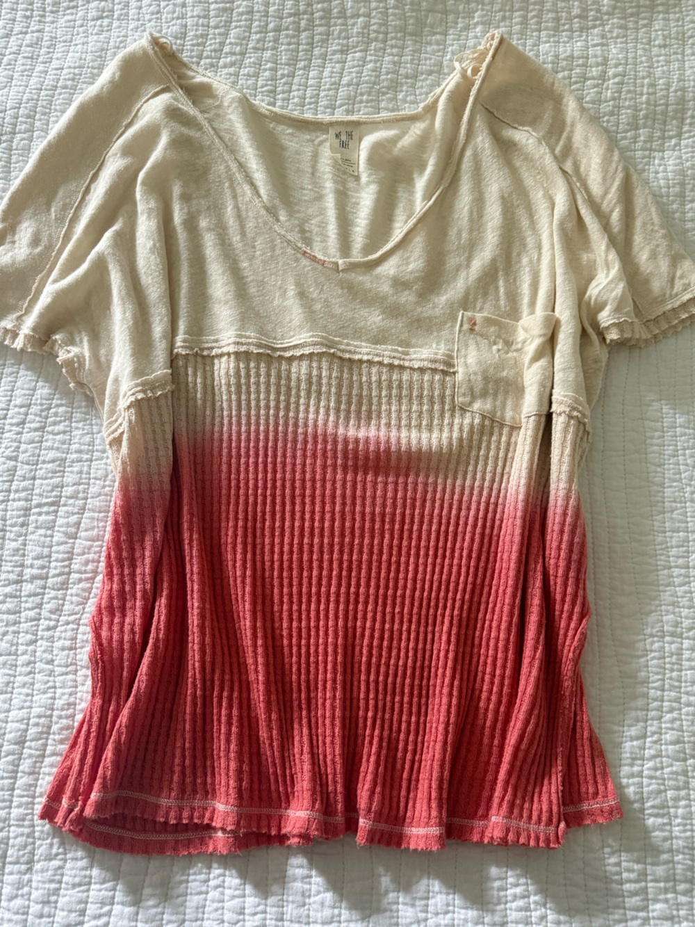 Free People Short Sleeve Ombre Ribbed Tee in Cream and Coral